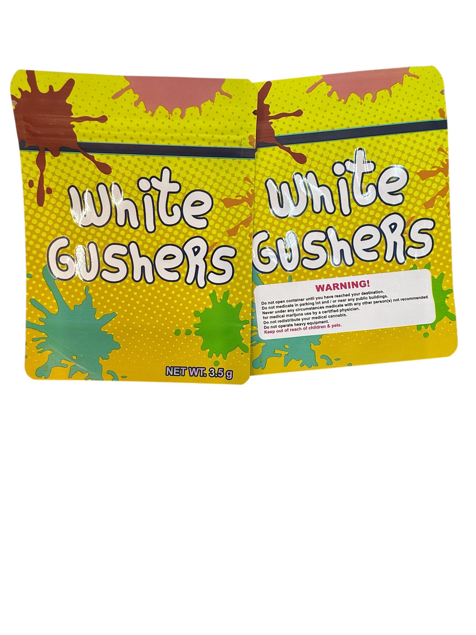 50 White Gushers 3.5-gram empty Mylar bags